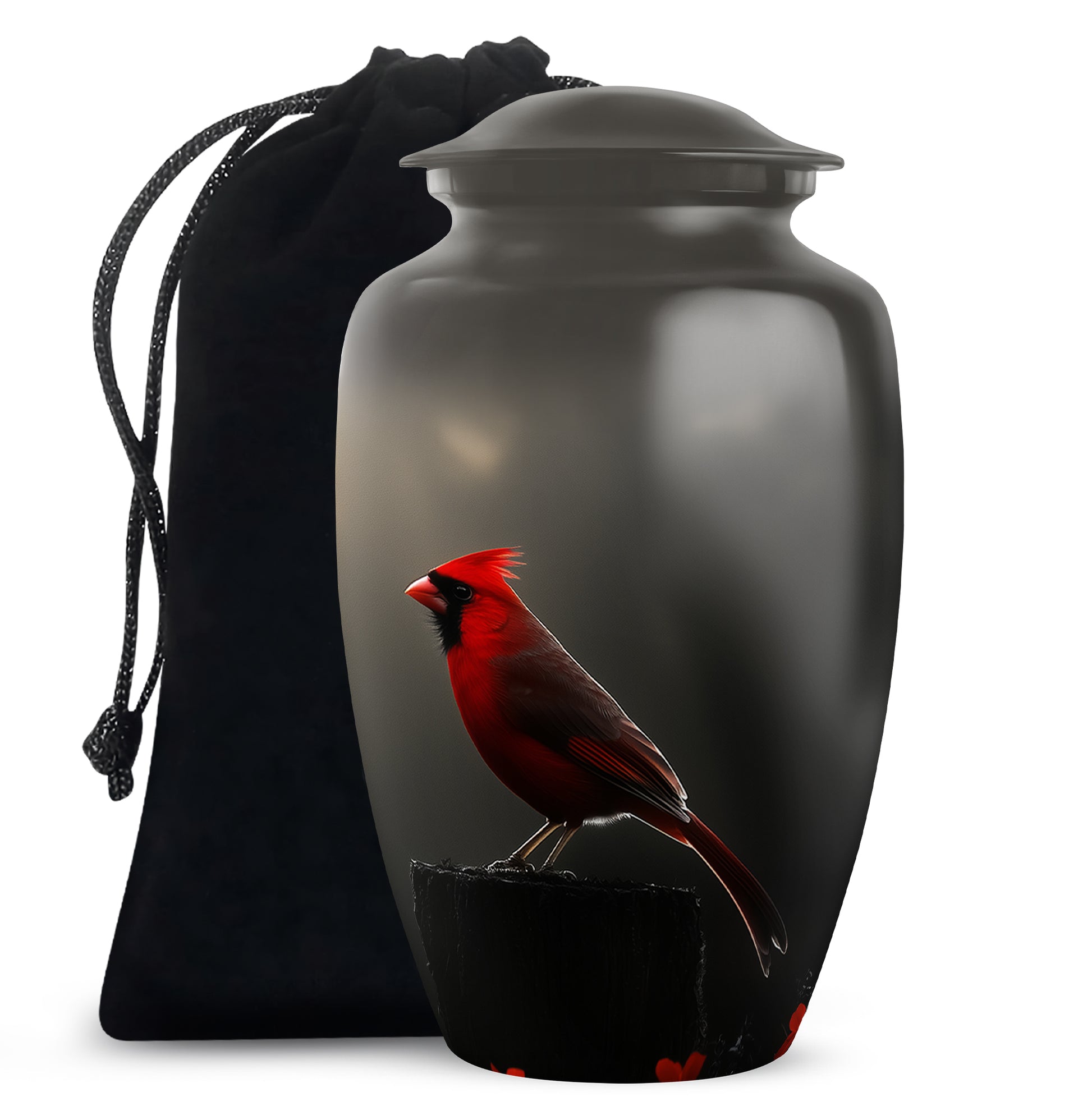 Glossy Black Cardinal Cremation Urn angled view of lid and engraved motif - classic sculpted cardinal pattern on smooth aluminum - full-size 10 inch 200 cubic inch adult cremation urn