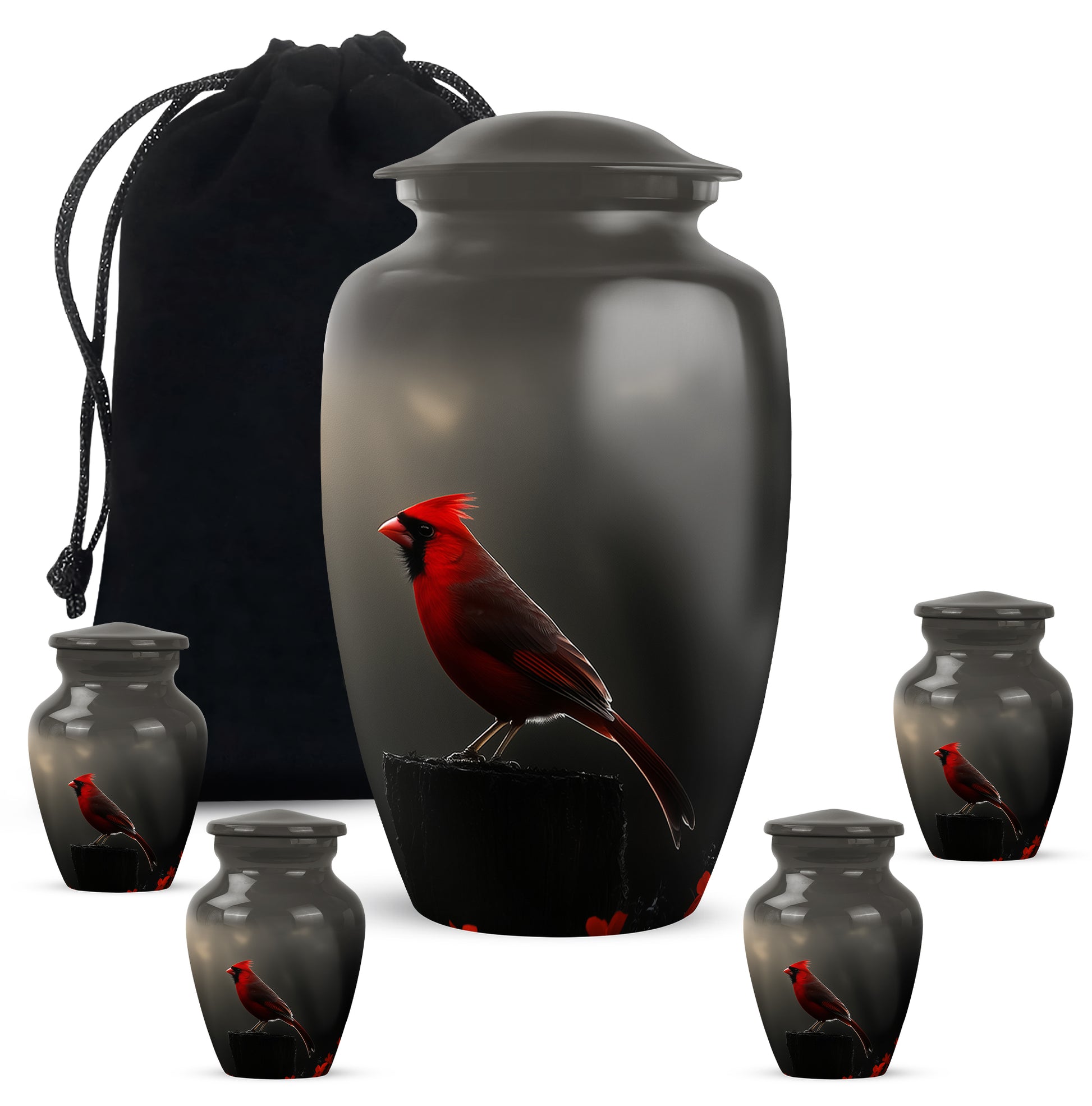 Glossy Black Cardinal Cremation Urn top-down view of secure threaded lid - classic sculpted cardinal pattern on smooth aluminum - memorial set with one large and four small urns