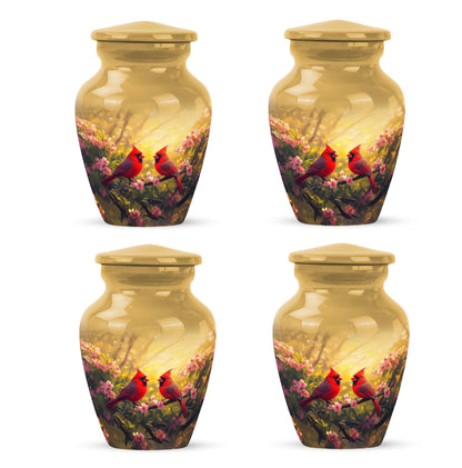 Burnished Gold Cardinal Cremation Urn side profile showing urn shape - traditional cardinal engraving with hand-polished finish - 10 inch aluminum urn for cremated remains