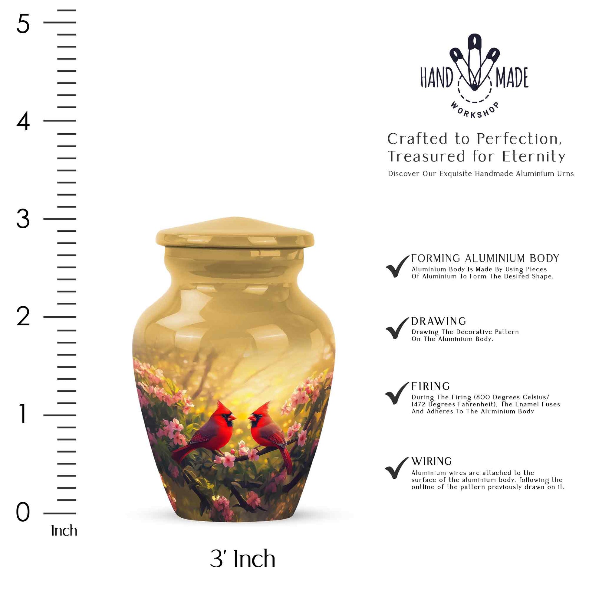 Burnished Gold Cardinal Cremation Urn close-up of engraving and surface detail - traditional cardinal engraving with hand-polished finish - mini keepsake memorial for portion of cremation ashes