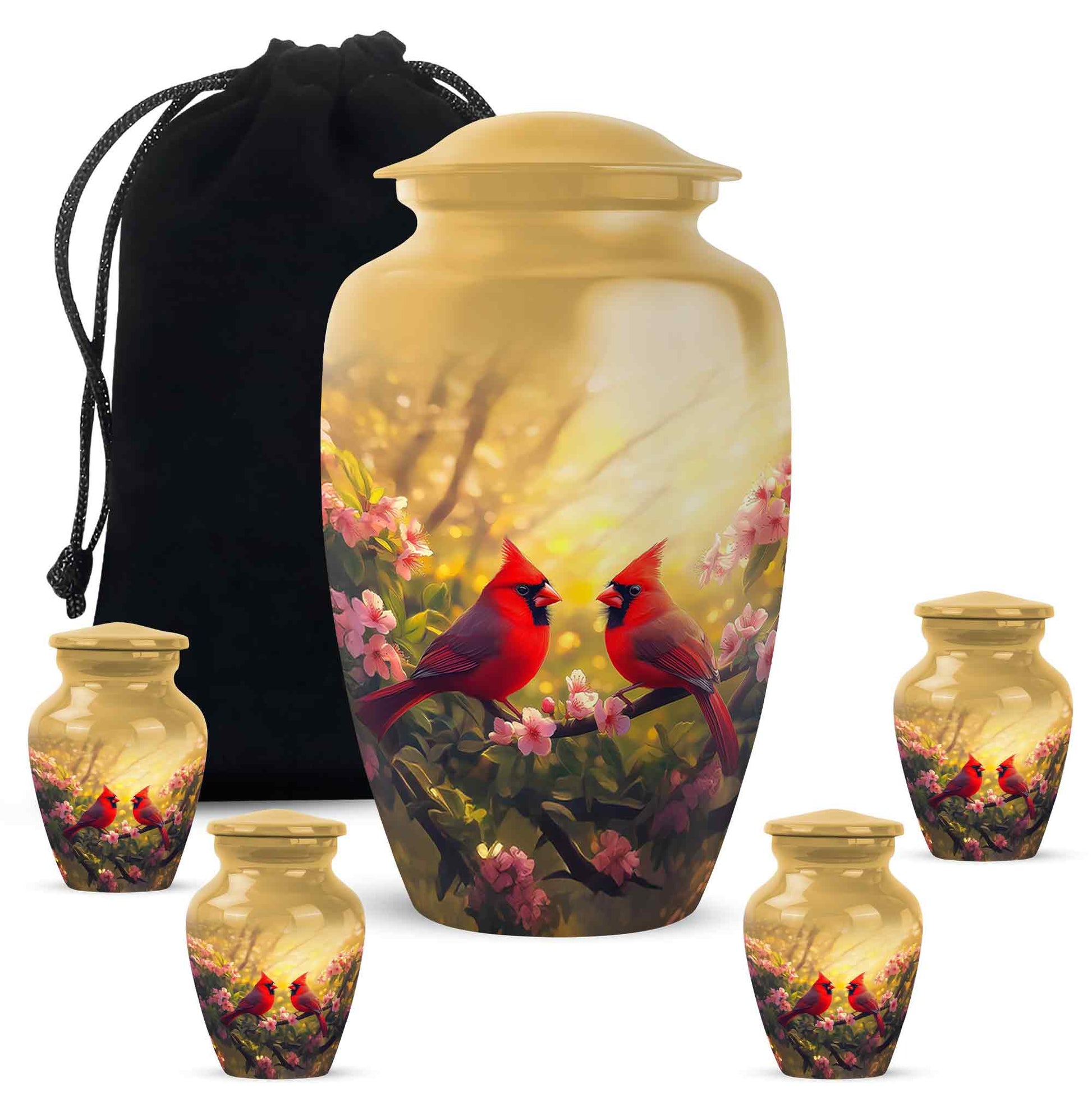 Amber Gold Cardinal Cremation Urn top-down view of secure threaded lid - timeless cardinal motif etched into premium metal - memorial set with one large and four small urns