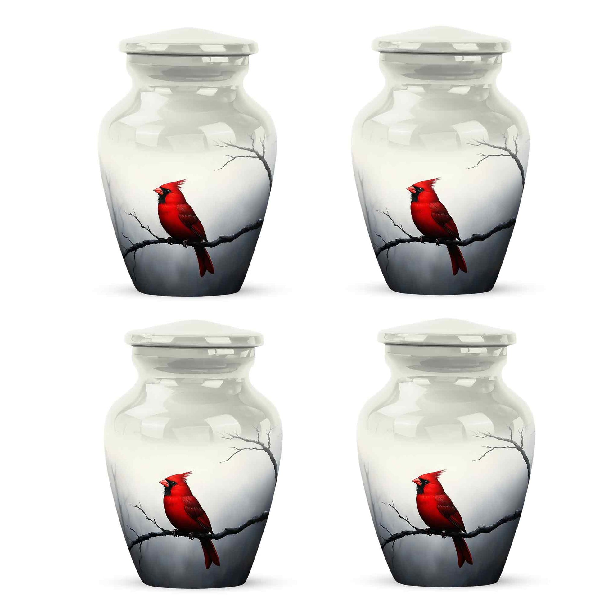 Antique Silver Cardinal Cremation Urn side profile showing urn shape - traditional cardinal engraving with hand-polished finish - 10 inch aluminum urn for cremated remains