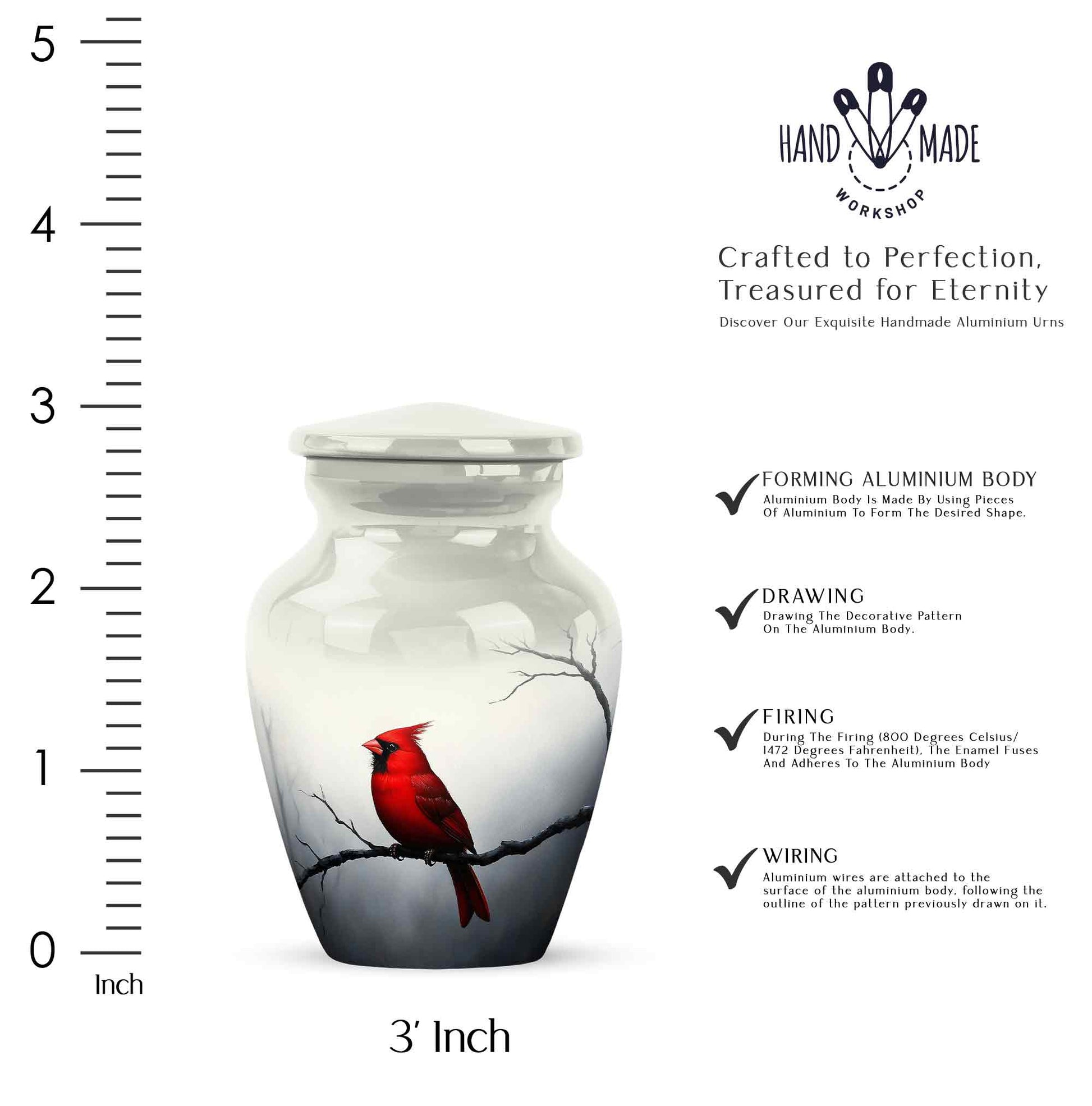 Brushed Silver Cardinal Cremation Urn close-up of engraving and surface detail - timeless cardinal motif etched into premium metal - mini keepsake memorial for portion of cremation ashes