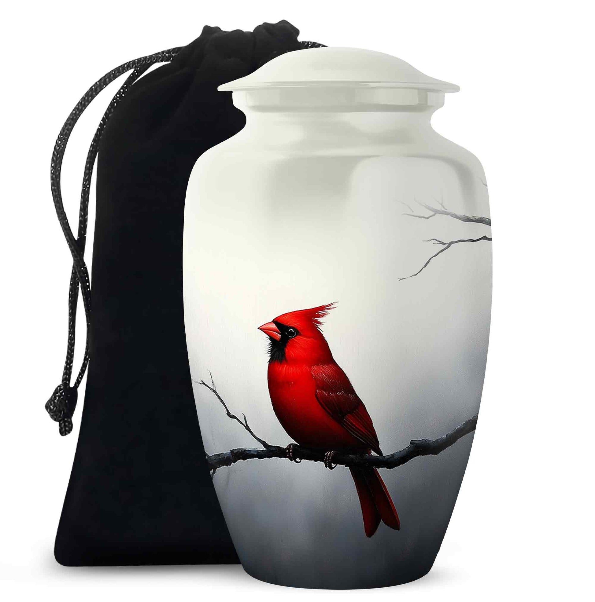 Gleaming Silver Cardinal Cremation Urn angled view of lid and engraved motif - timeless cardinal motif etched into premium metal - full-size 10 inch 200 cubic inch adult cremation urn