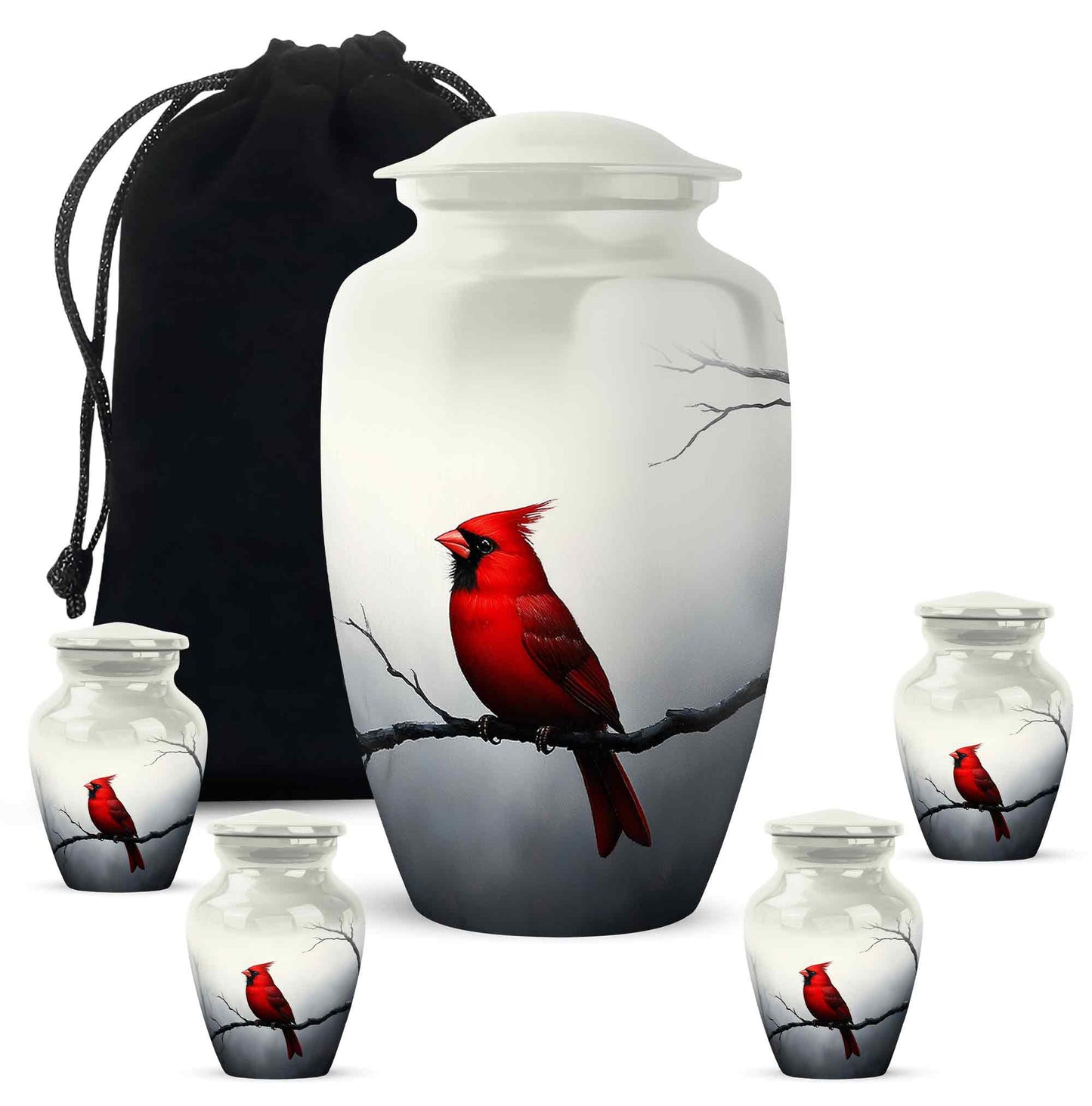 Satin Silver Cardinal Cremation Urn top-down view of secure threaded lid - classic sculpted cardinal pattern on smooth aluminum - memorial set with one large and four small urns