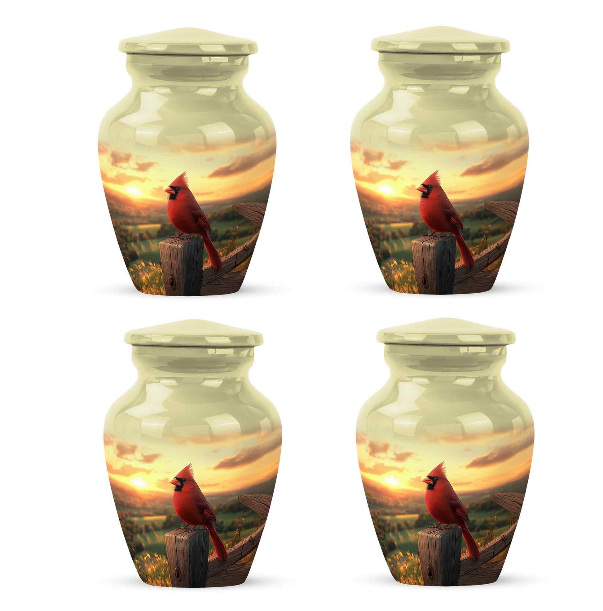 Warm Gold Cardinal Cremation Urn side profile showing urn shape - elegant classic cardinal relief with fine detailing - 10 inch aluminum urn for cremated remains