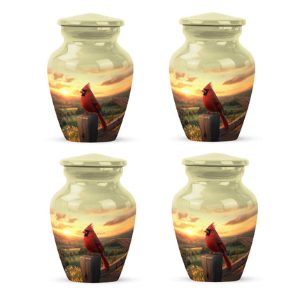 Warm Gold Cardinal Cremation Urn side profile showing urn shape - elegant classic cardinal relief with fine detailing - 10 inch aluminum urn for cremated remains