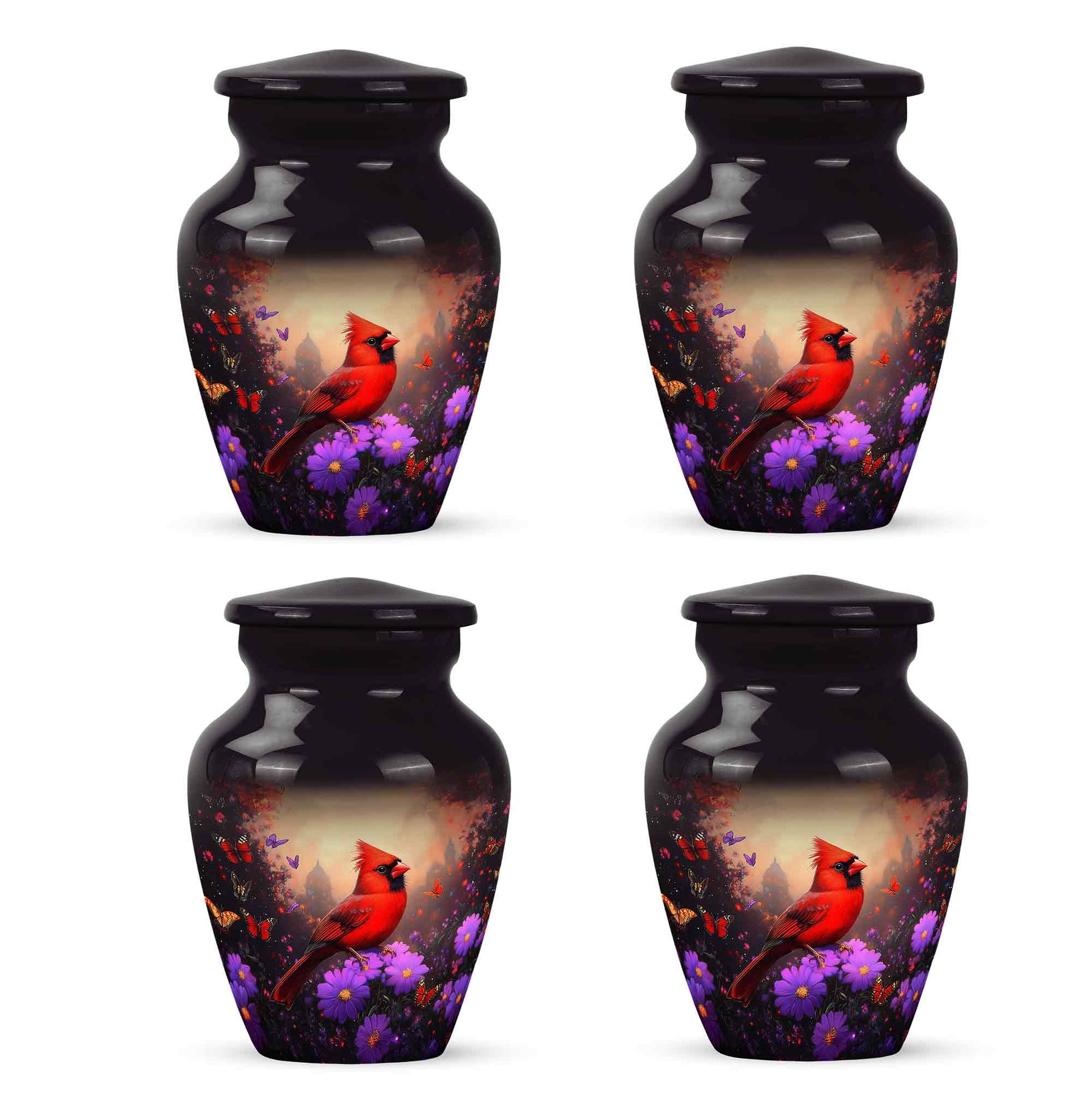 Midnight Black Cardinal Cremation Urn side profile showing urn shape - traditional cardinal engraving with hand-polished finish - 10 inch aluminum urn for cremated remains