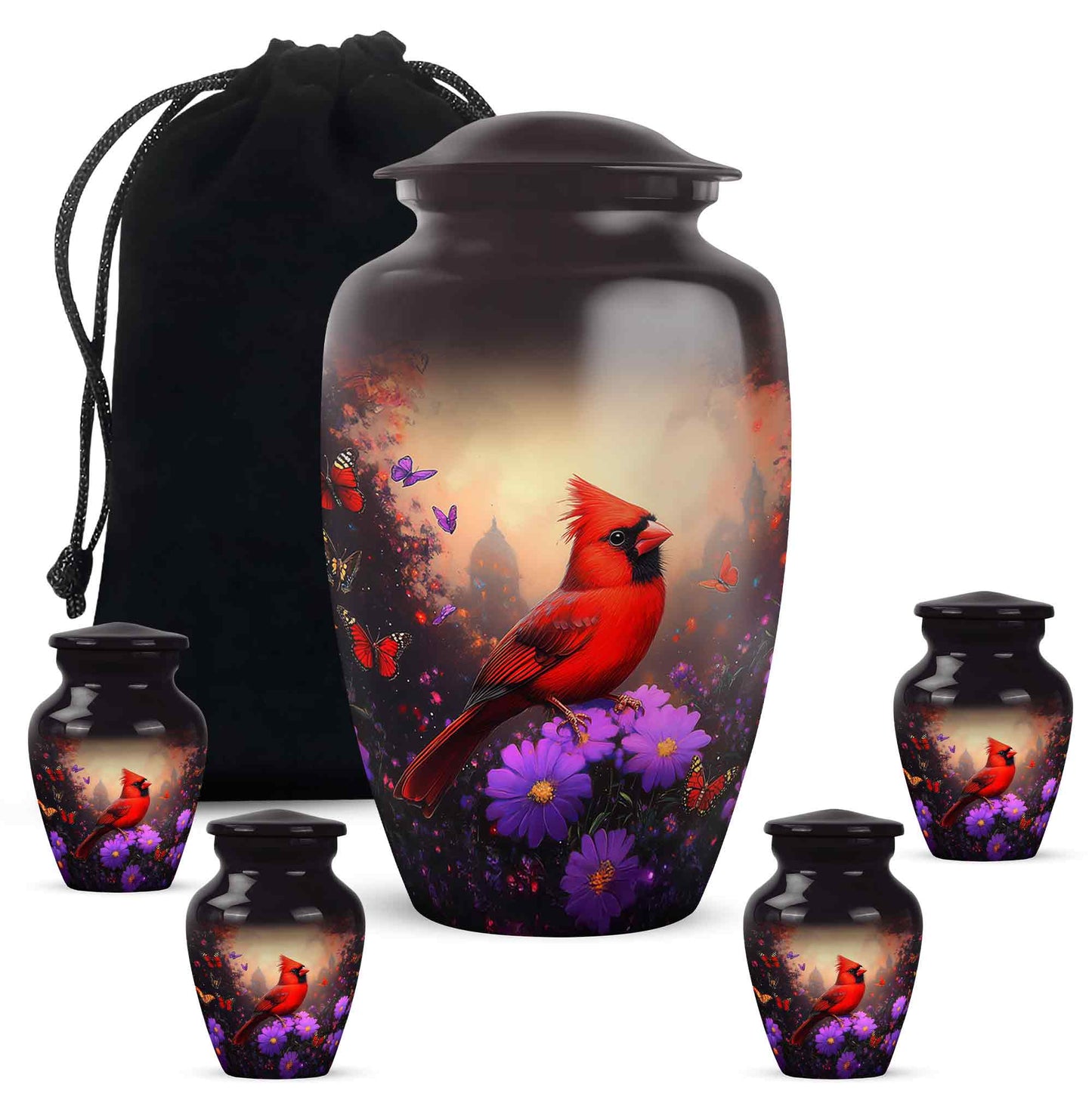 Obsidian Black Cardinal Cremation Urn top-down view of secure threaded lid - traditional cardinal engraving with hand-polished finish - memorial set with one large and four small urns