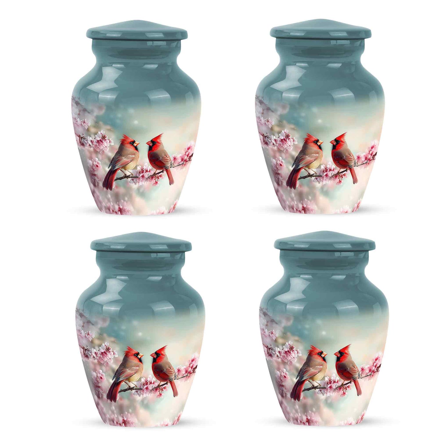 Deep Teal Cardinal Cremation Urn side profile showing urn shape - elegant classic cardinal relief with fine detailing - 10 inch aluminum urn for cremated remains