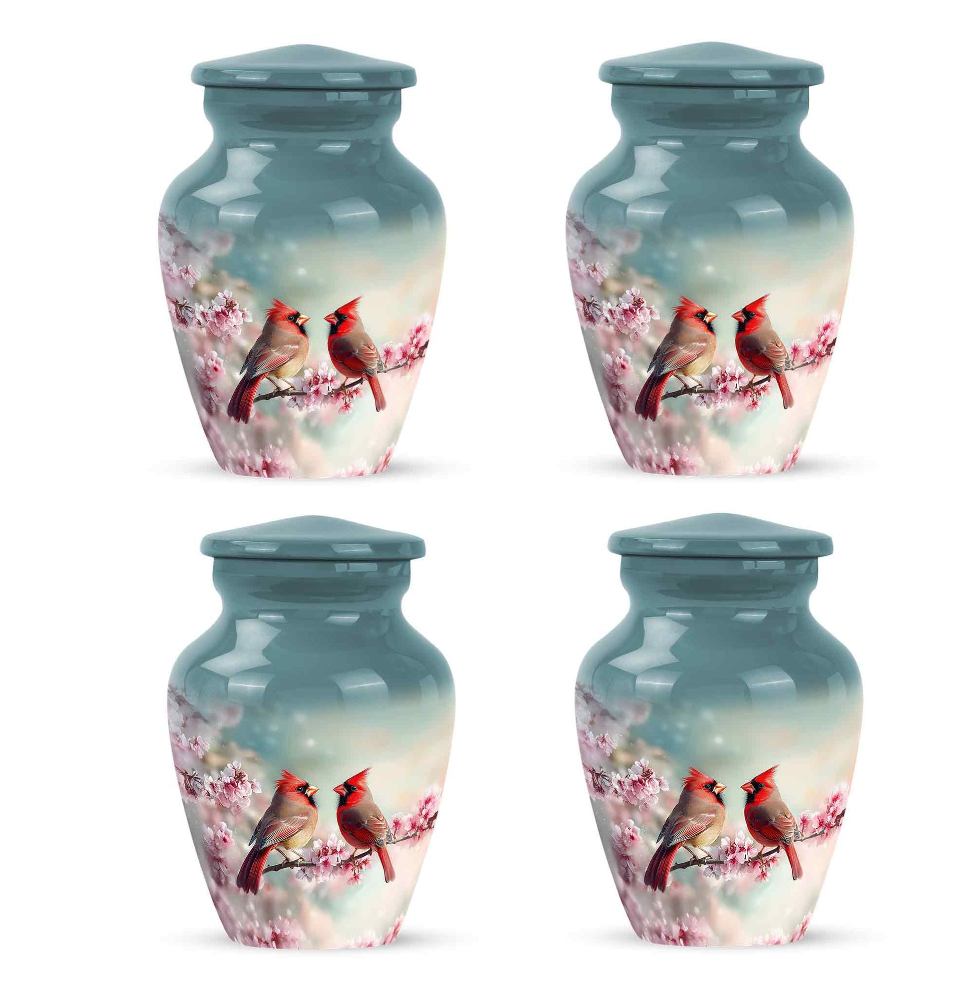 Deep Teal Cardinal Cremation Urn side profile showing urn shape - elegant classic cardinal relief with fine detailing - 10 inch aluminum urn for cremated remains