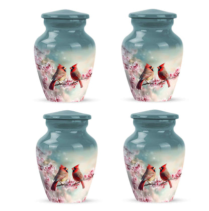 Deep Teal Cardinal Cremation Urn side profile showing urn shape - elegant classic cardinal relief with fine detailing - 10 inch aluminum urn for cremated remains