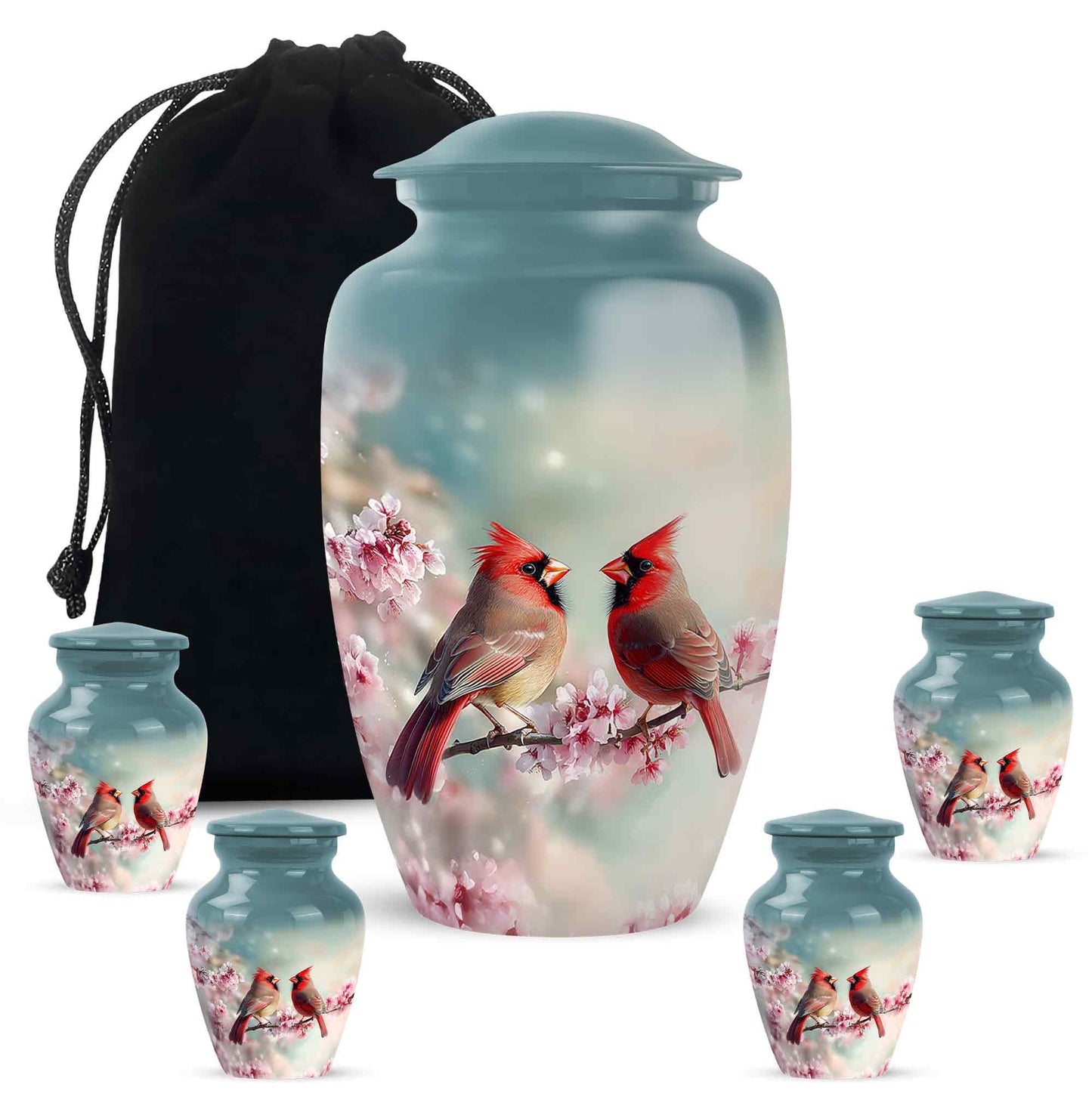 Aqua Teal Cardinal Cremation Urn top-down view of secure threaded lid - traditional cardinal engraving with hand-polished finish - memorial set with one large and four small urns