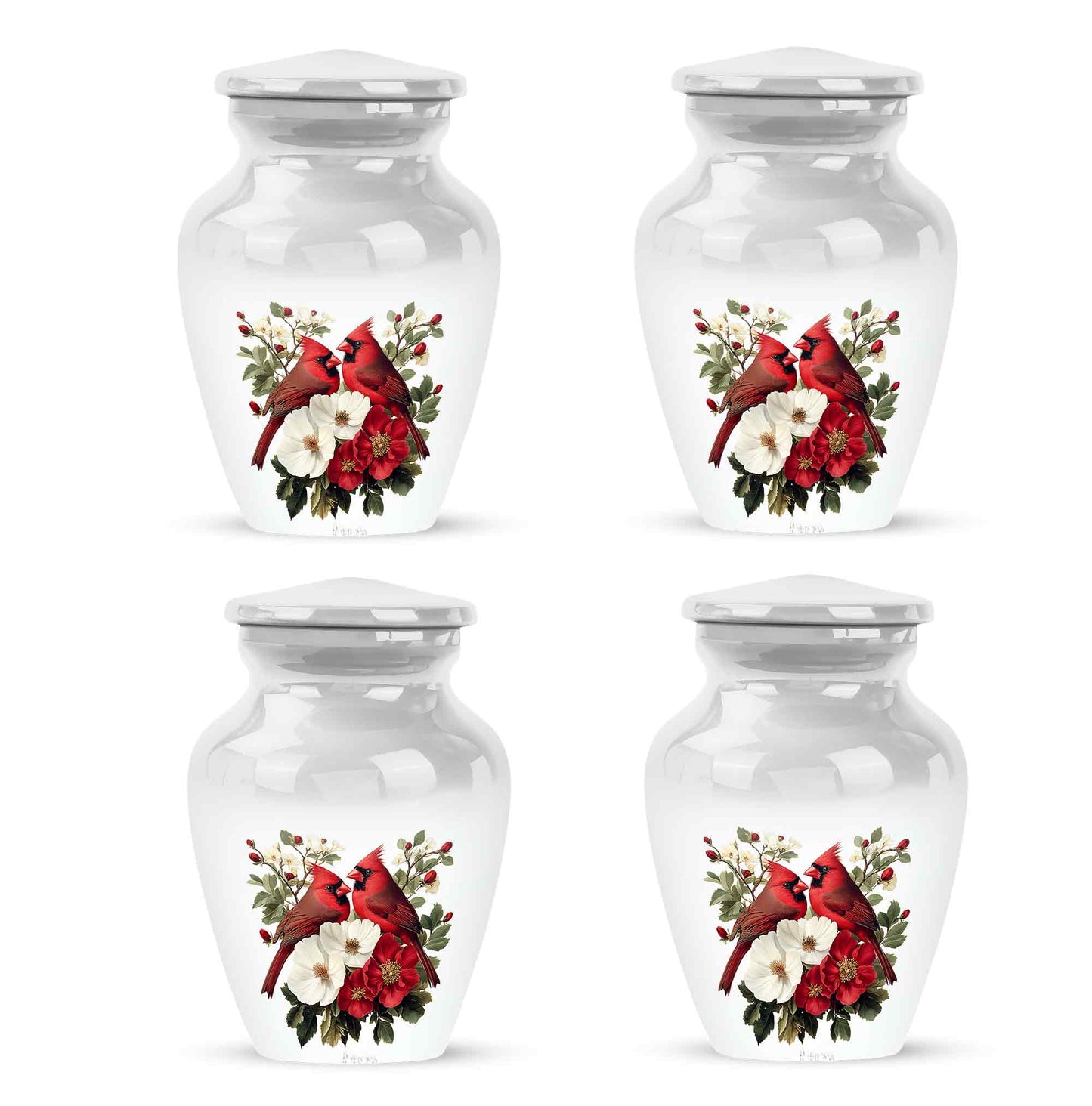 Polished Silver Cardinal Cremation Urn side profile showing urn shape - elegant classic cardinal relief with fine detailing - 10 inch aluminum urn for cremated remains