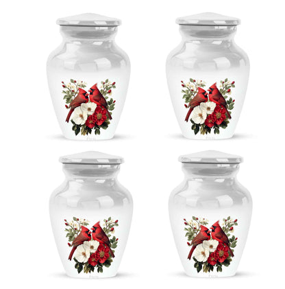 Polished Silver Cardinal Cremation Urn side profile showing urn shape - elegant classic cardinal relief with fine detailing - 10 inch aluminum urn for cremated remains
