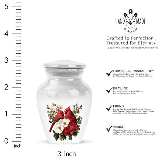 Moonlight Silver Cardinal Cremation Urn close-up of engraving and surface detail - traditional cardinal engraving with hand-polished finish - mini keepsake memorial for portion of cremation ashes