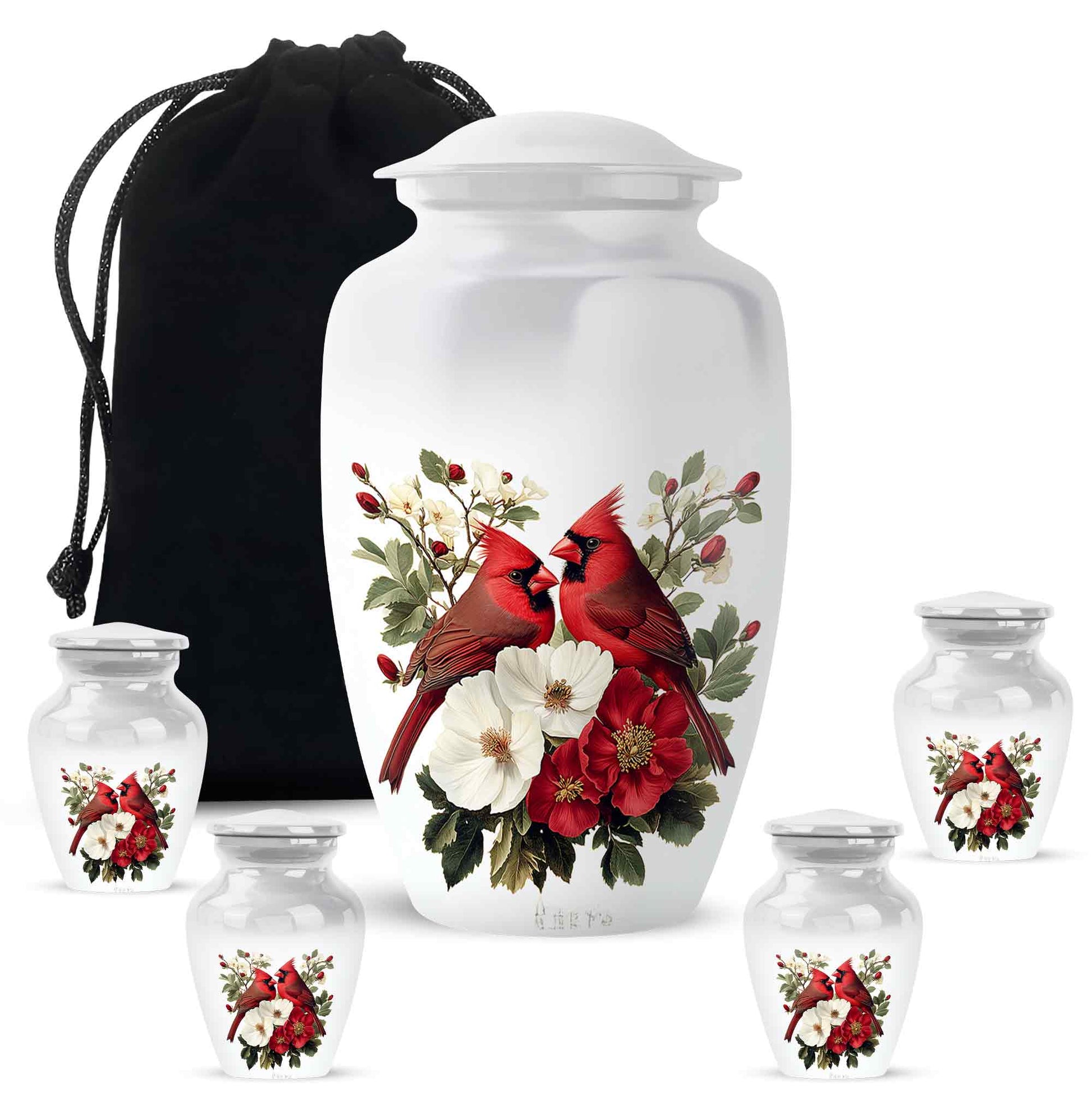 Frosted Silver Cardinal Cremation Urn top-down view of secure threaded lid - traditional cardinal engraving with hand-polished finish - memorial set with one large and four small urns