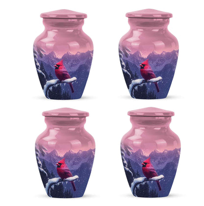 Petal Pink Cardinal Cremation Urn side profile showing urn shape - traditional cardinal engraving with hand-polished finish - 10 inch aluminum urn for cremated remains