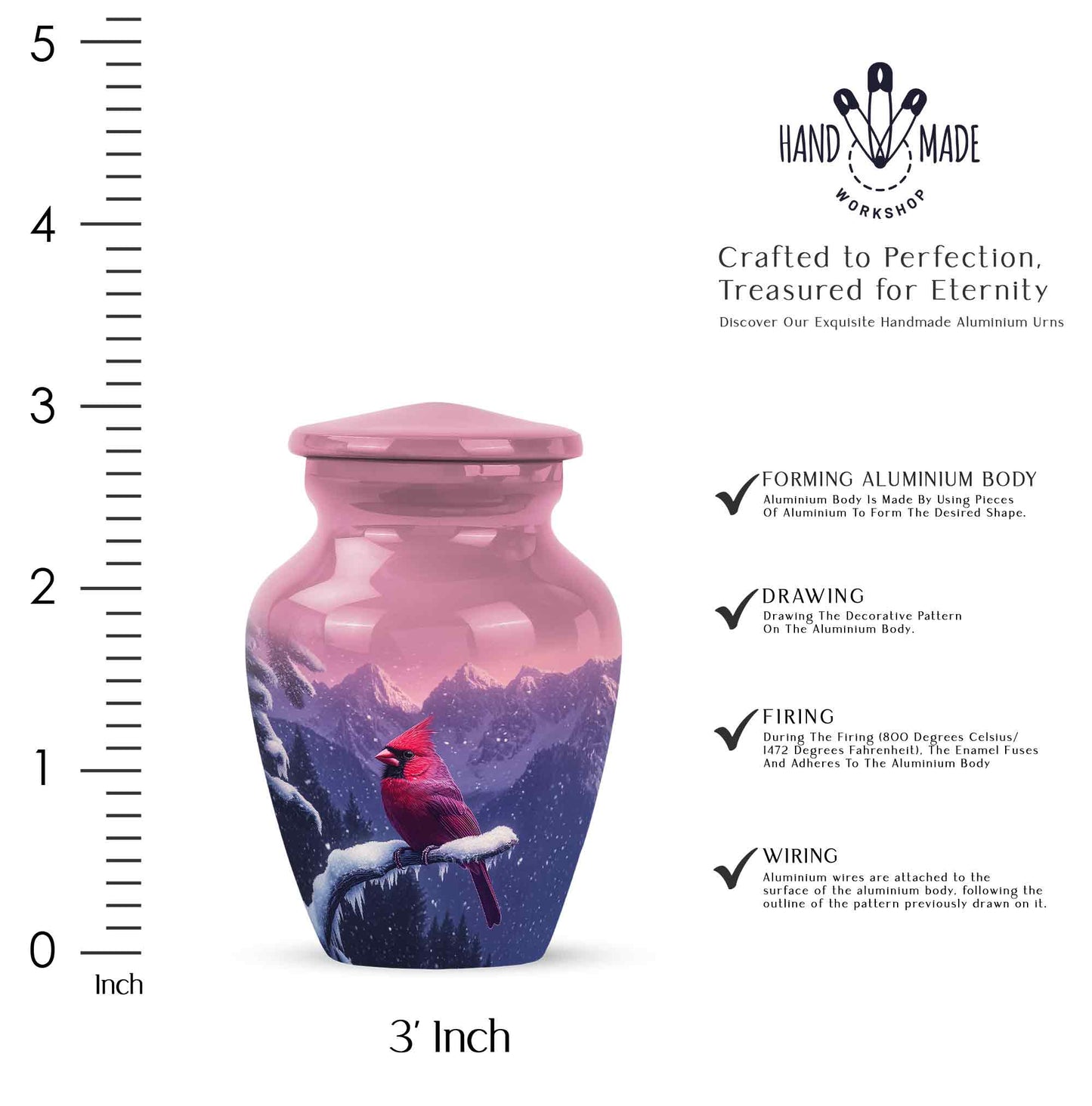 Vintage Pink Cardinal Cremation Urn close-up of engraving and surface detail - traditional cardinal engraving with hand-polished finish - mini keepsake memorial for portion of cremation ashes