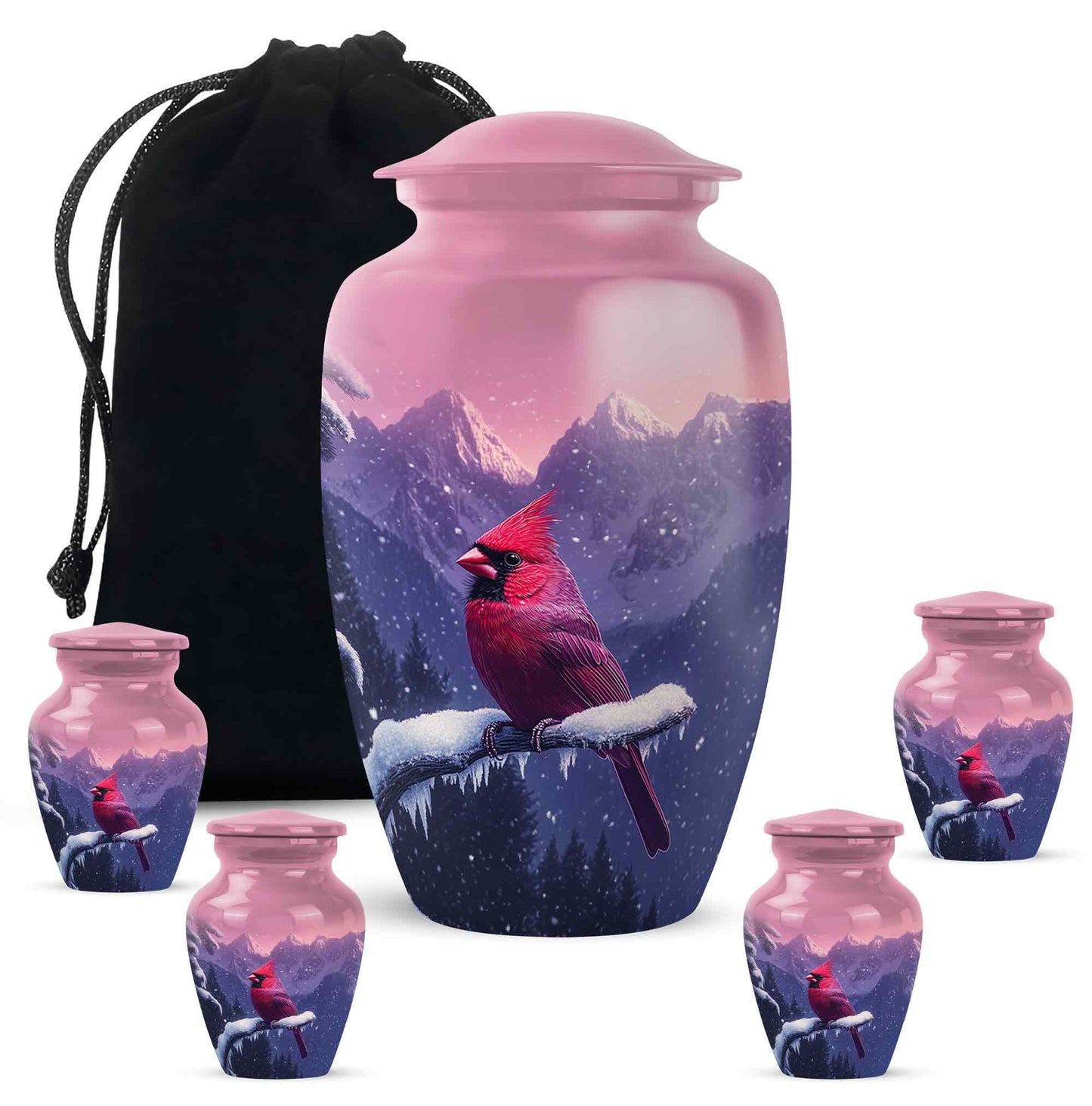 Petal Pink Cardinal Cremation Urn top-down view of secure threaded lid - traditional cardinal engraving with hand-polished finish - memorial set with one large and four small urns