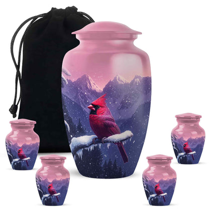 Petal Pink Cardinal Cremation Urn top-down view of secure threaded lid - traditional cardinal engraving with hand-polished finish - memorial set with one large and four small urns