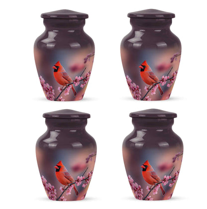 Rose Pink Cardinal Cremation Urn side profile showing urn shape - timeless cardinal motif etched into premium metal - 10 inch aluminum urn for cremated remains