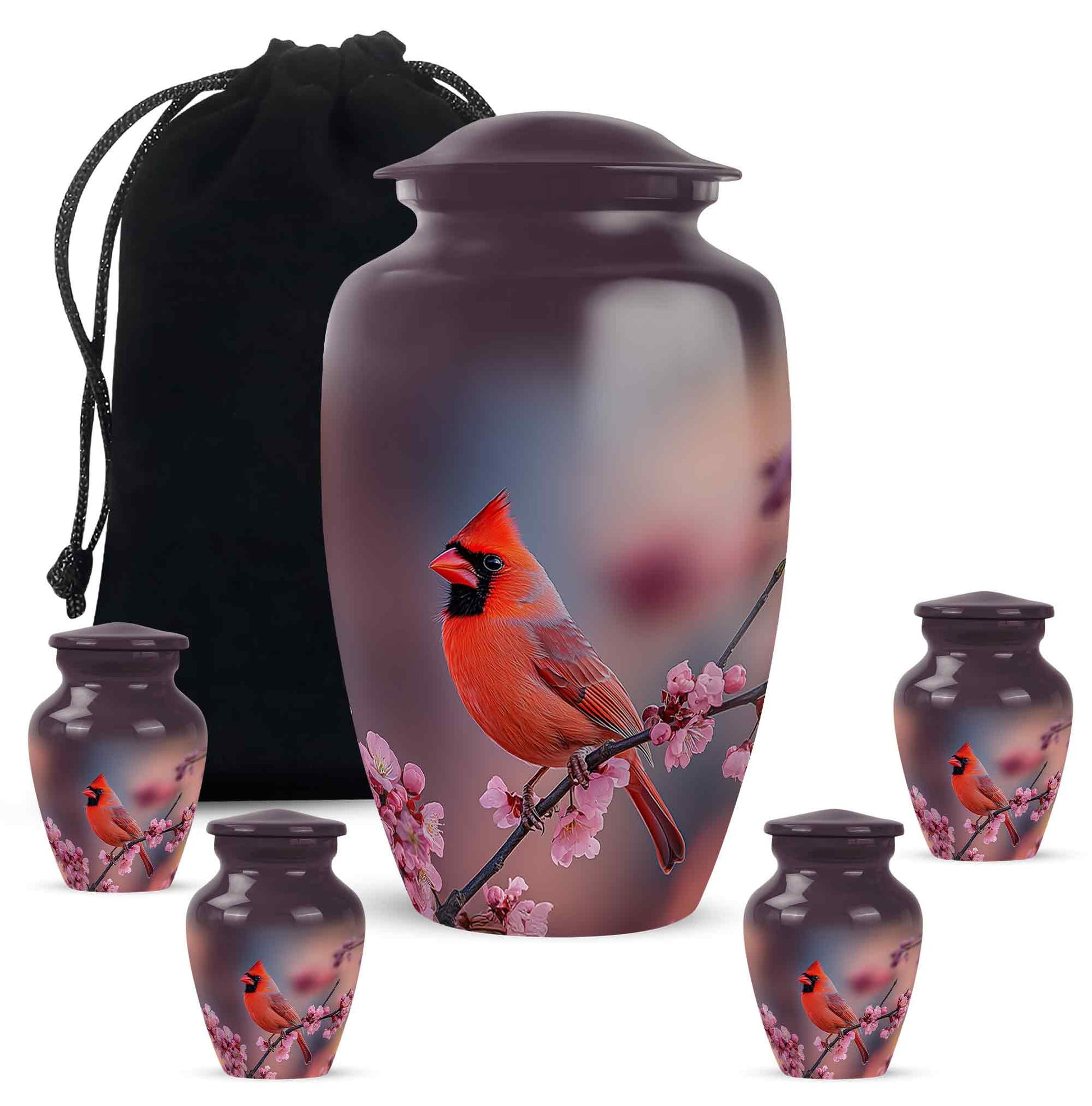 Rose Pink Cardinal Cremation Urn top-down view of secure threaded lid - classic sculpted cardinal pattern on smooth aluminum - memorial set with one large and four small urns