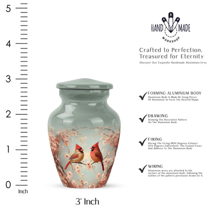 Ash Gray Cardinal Cremation Urn close-up of engraving and surface detail - traditional cardinal engraving with hand-polished finish - mini keepsake memorial for portion of cremation ashes