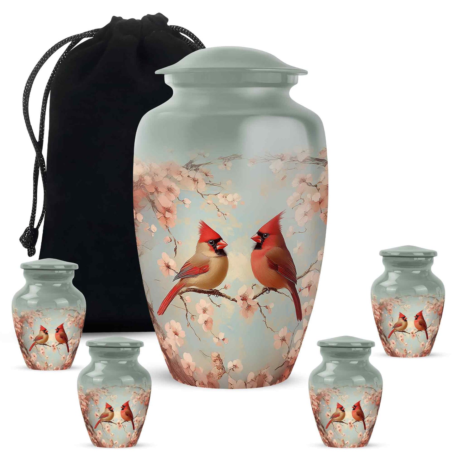 Slate Gray Cardinal Cremation Urn top-down view of secure threaded lid - traditional cardinal engraving with hand-polished finish - memorial set with one large and four small urns