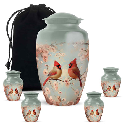 Slate Gray Cardinal Cremation Urn top-down view of secure threaded lid - traditional cardinal engraving with hand-polished finish - memorial set with one large and four small urns