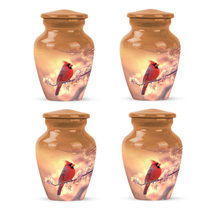 Sunrise Gold Cardinal Cremation Urn side profile showing urn shape - classic sculpted cardinal pattern on smooth aluminum - 10 inch aluminum urn for cremated remains