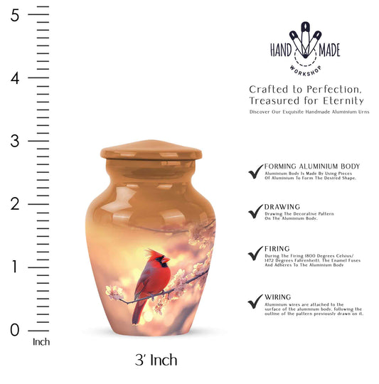Harvest Gold Cardinal Cremation Urn close-up of engraving and surface detail - elegant classic cardinal relief with fine detailing - mini keepsake memorial for portion of cremation ashes