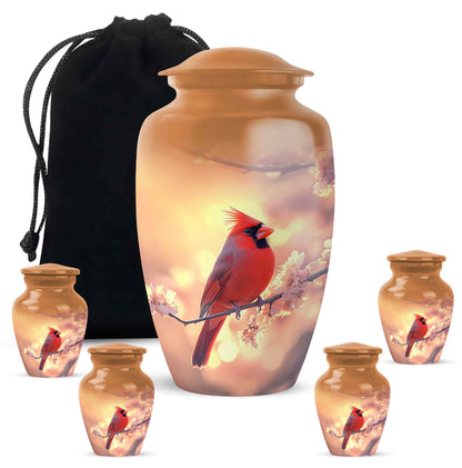 Royal Gold Cardinal Cremation Urn top-down view of secure threaded lid - elegant classic cardinal relief with fine detailing - memorial set with one large and four small urns