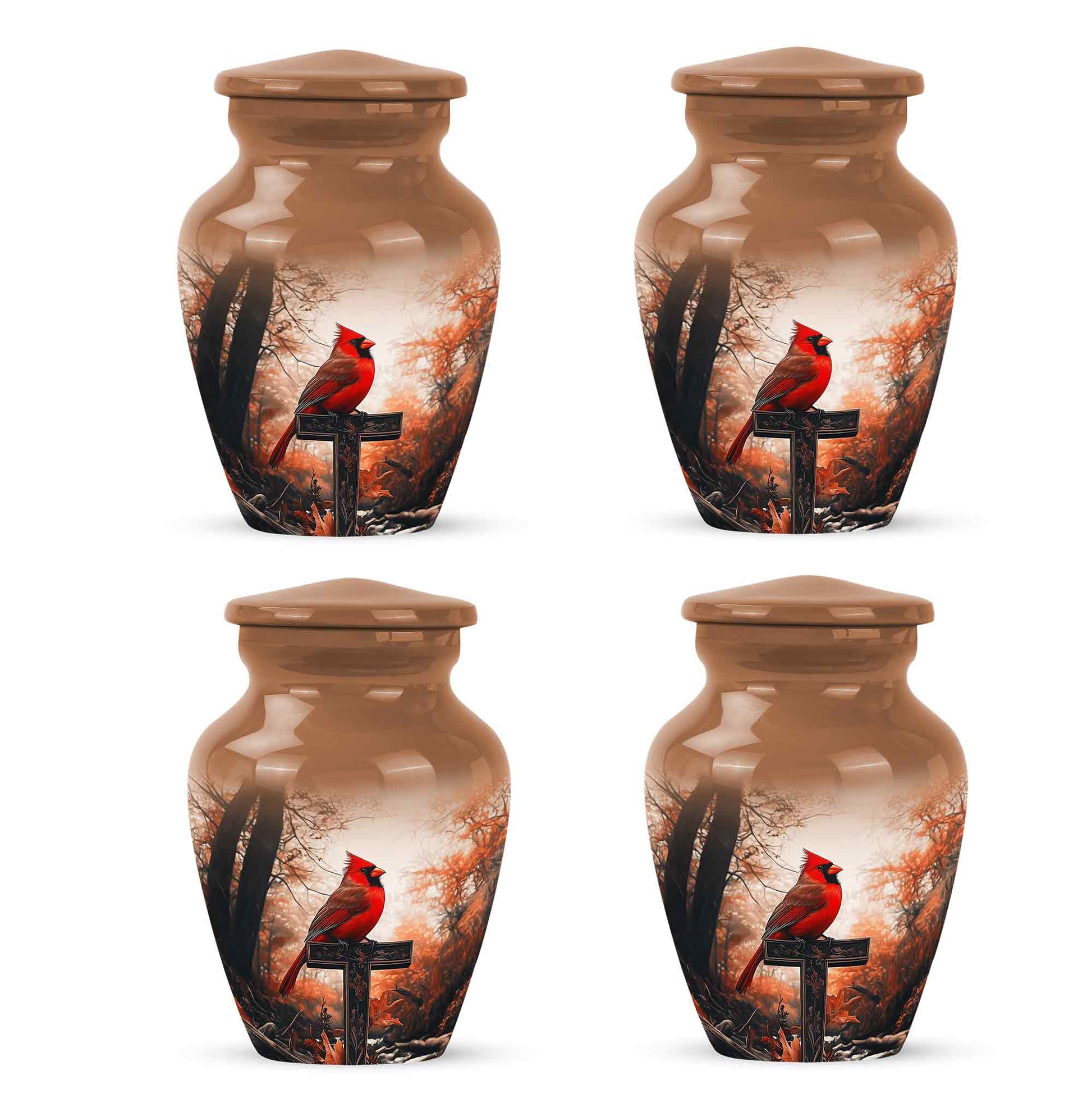 Burnished Gold Cardinal Cremation Urn side profile showing urn shape - elegant classic cardinal relief with fine detailing - 10 inch aluminum urn for cremated remains
