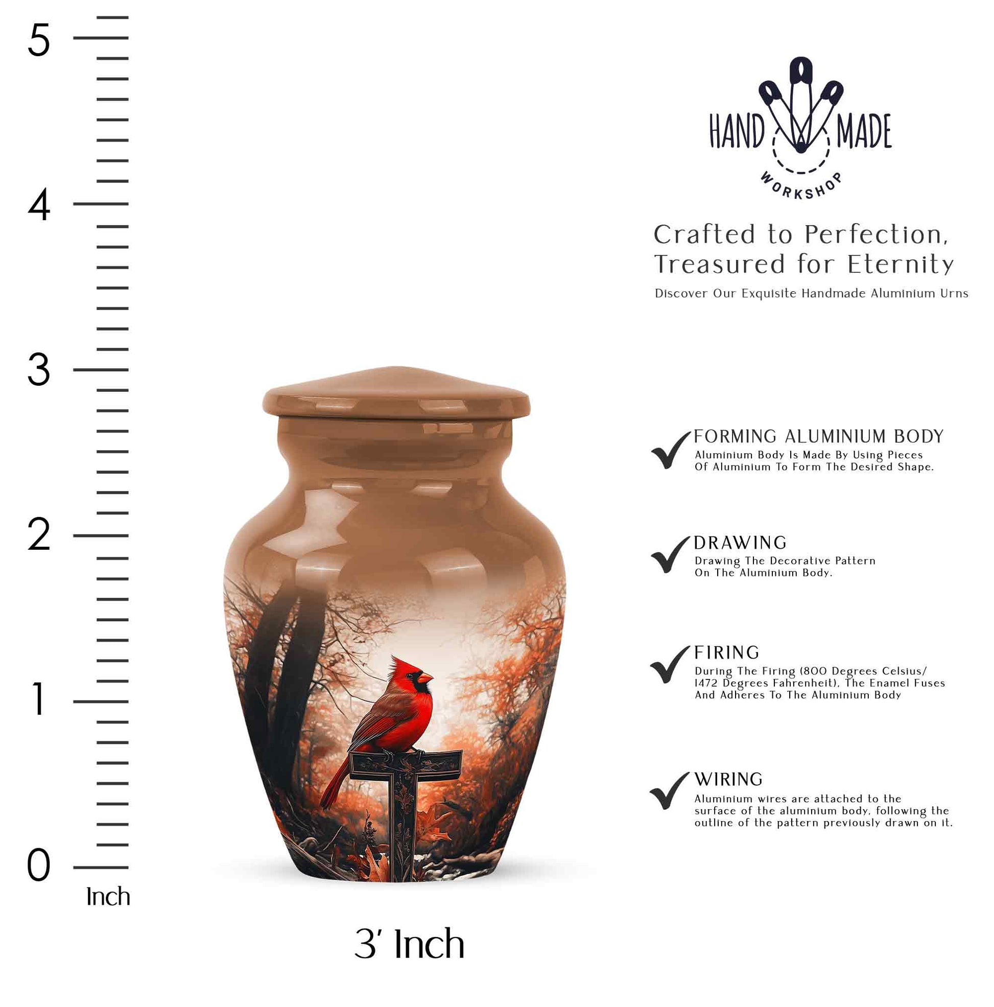 Royal Gold Cardinal Cremation Urn close-up of engraving and surface detail - traditional cardinal engraving with hand-polished finish - mini keepsake memorial for portion of cremation ashes