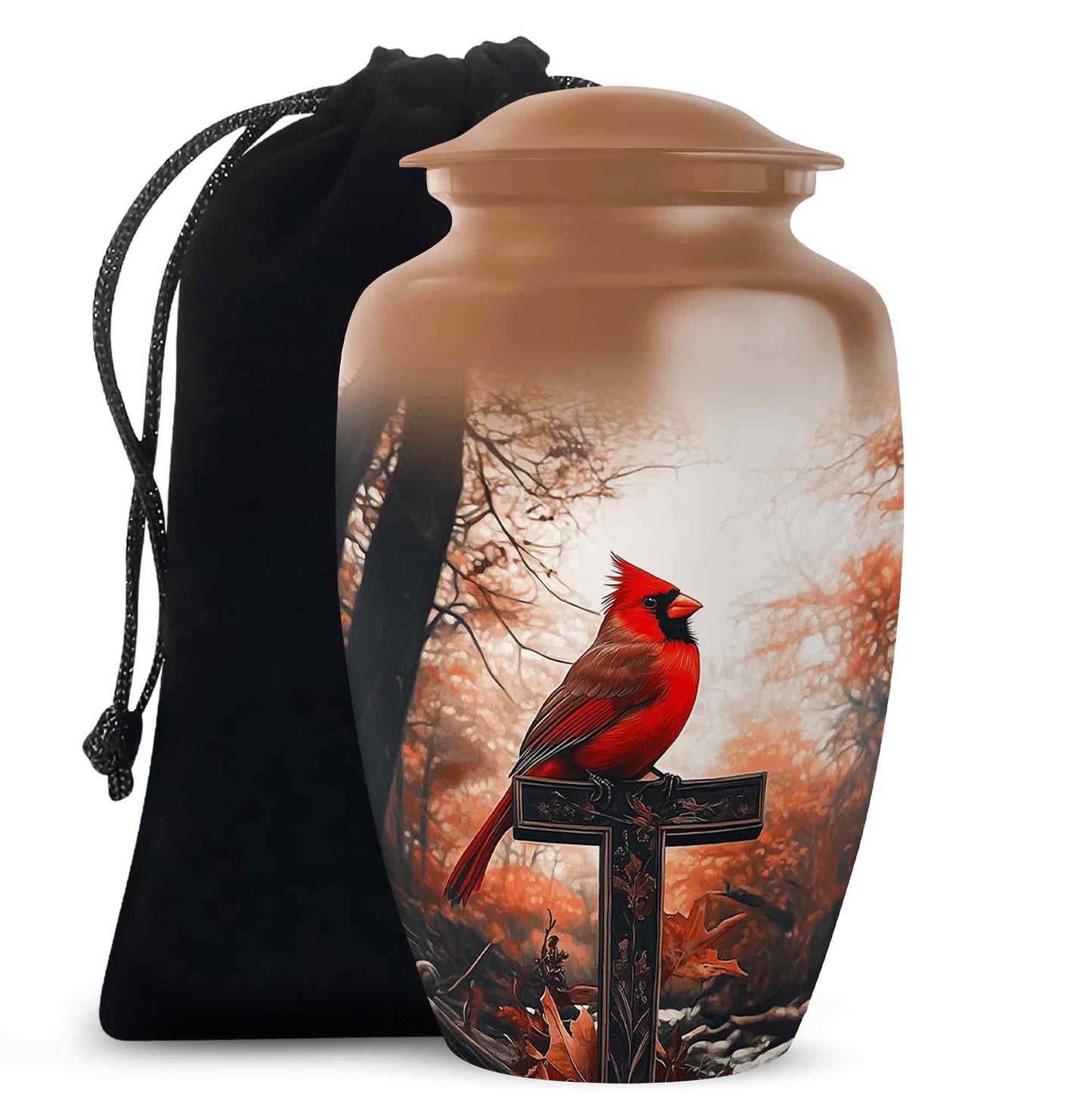 Gilded Gold Cardinal Cremation Urn angled view of lid and engraved motif - classic sculpted cardinal pattern on smooth aluminum - full-size 10 inch 200 cubic inch adult cremation urn