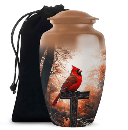 Gilded Gold Cardinal Cremation Urn angled view of lid and engraved motif - classic sculpted cardinal pattern on smooth aluminum - full-size 10 inch 200 cubic inch adult cremation urn
