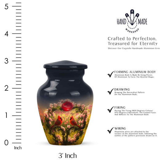 Cornflower Blue Cardinal Cremation Urn close-up of engraving and surface detail - traditional cardinal engraving with hand-polished finish - mini keepsake memorial for portion of cremation ashes