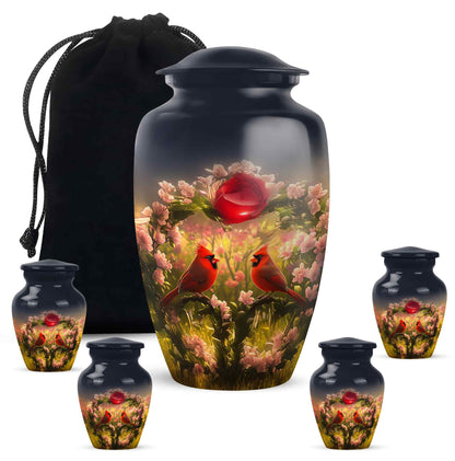 Royal Blue Cardinal Cremation Urn top-down view of secure threaded lid - elegant classic cardinal relief with fine detailing - memorial set with one large and four small urns