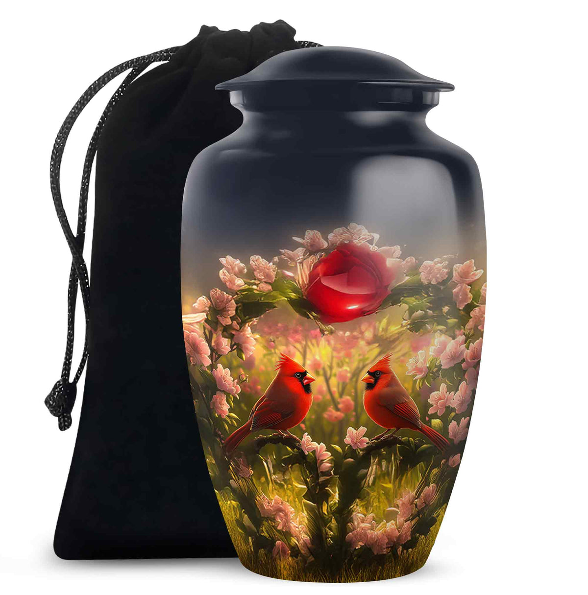 Sapphire Blue Cardinal Cremation Urn angled view of lid and engraved motif - traditional cardinal engraving with hand-polished finish - full-size 10 inch 200 cubic inch adult cremation urn