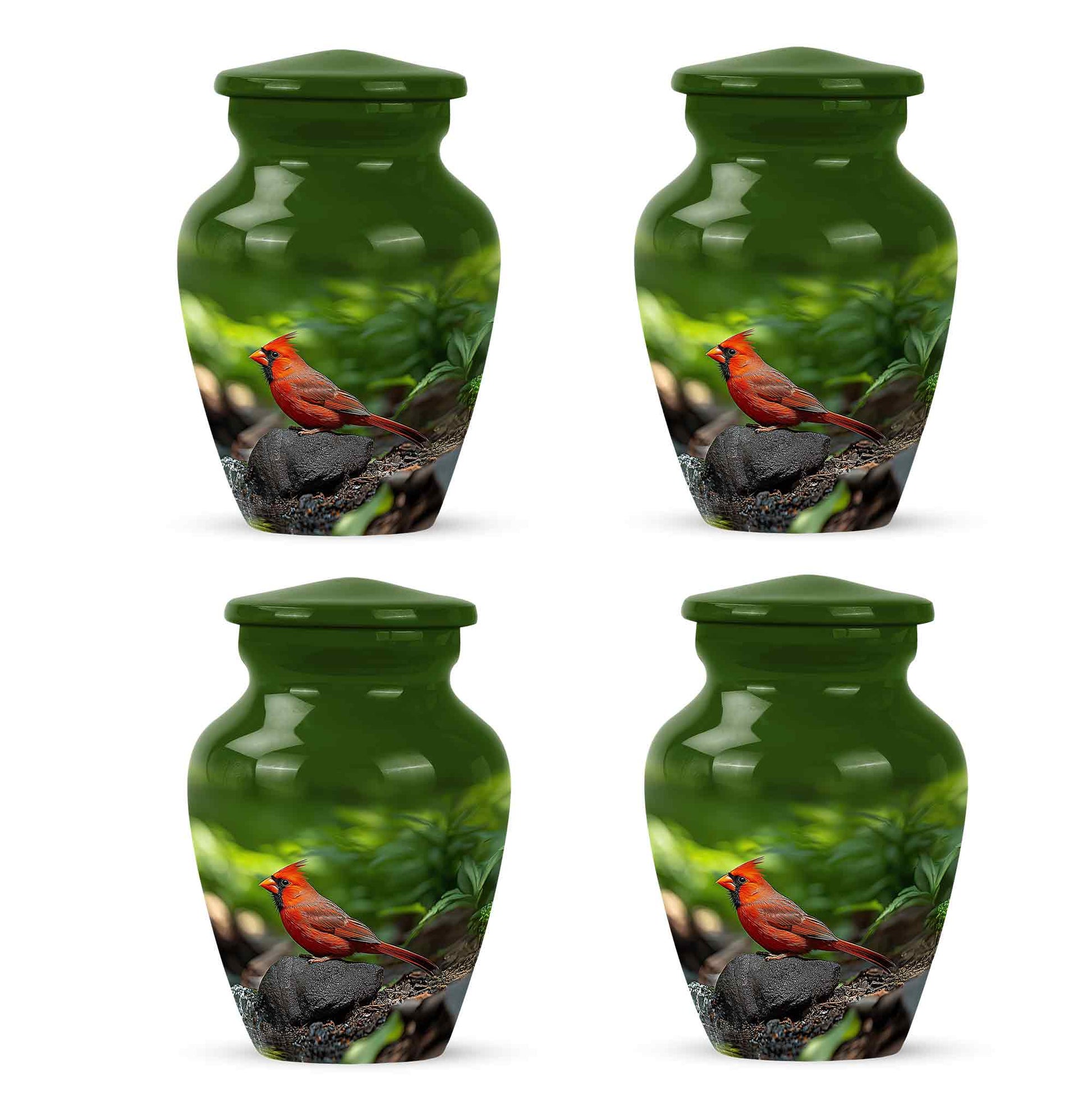 Verdant Green Cardinal Cremation Urn side profile showing urn shape - classic sculpted cardinal pattern on smooth aluminum - 10 inch aluminum urn for cremated remains