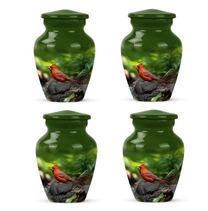 Verdant Green Cardinal Cremation Urn side profile showing urn shape - classic sculpted cardinal pattern on smooth aluminum - 10 inch aluminum urn for cremated remains
