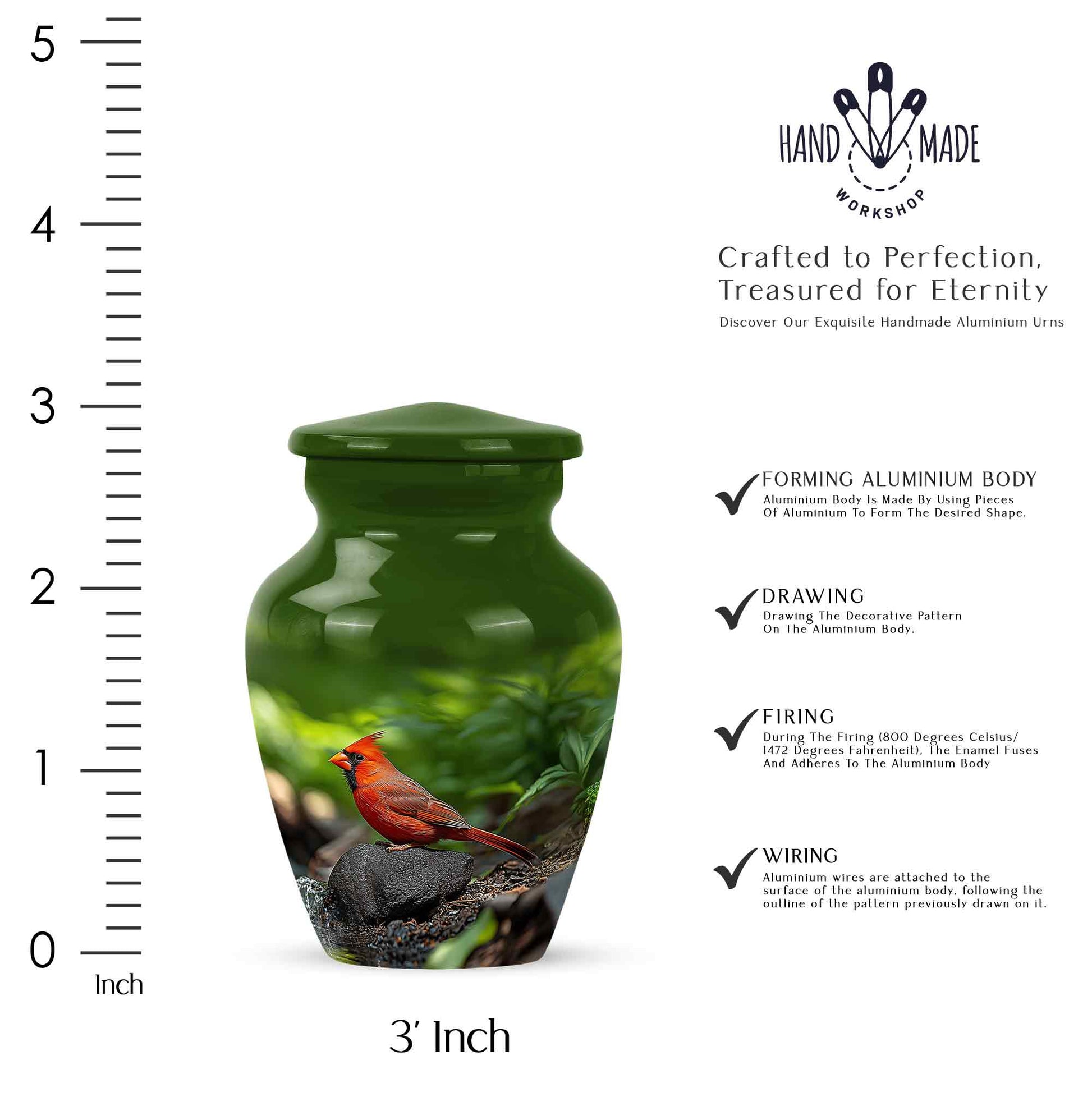 Olive Green Cardinal Cremation Urn close-up of engraving and surface detail - traditional cardinal engraving with hand-polished finish - mini keepsake memorial for portion of cremation ashes
