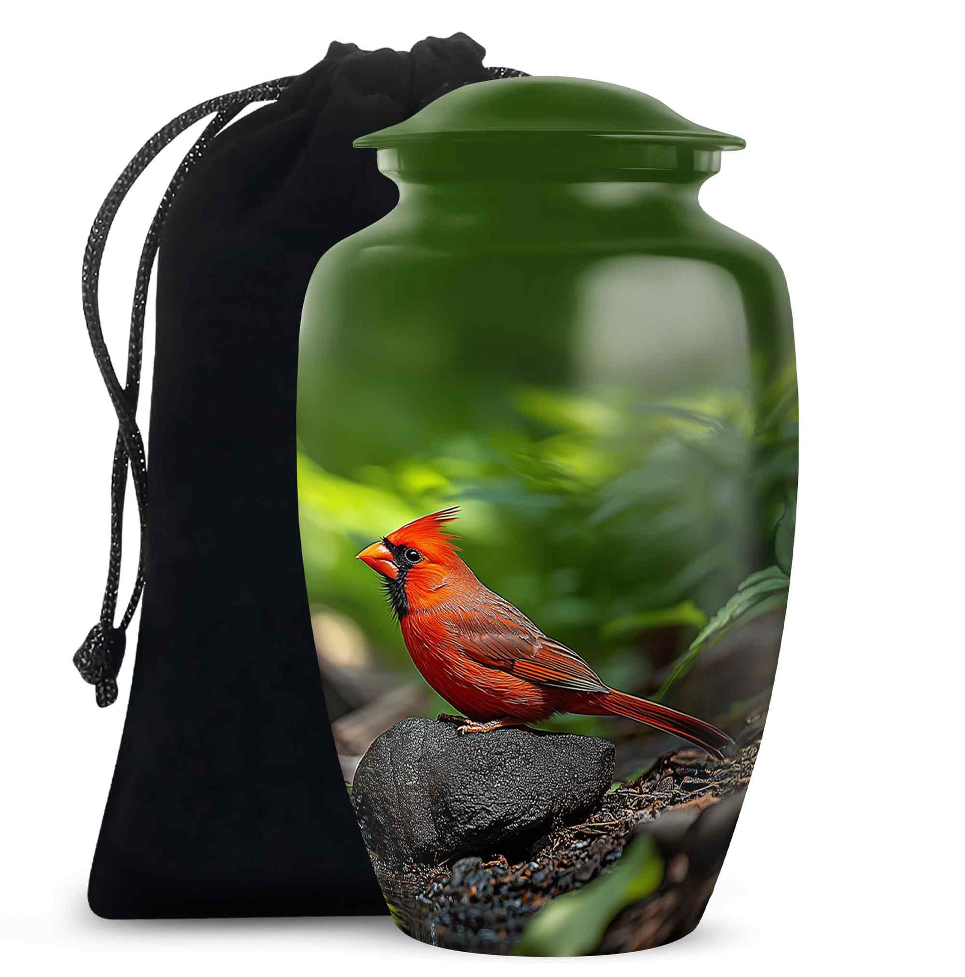 Jade Green Cardinal Cremation Urn angled view of lid and engraved motif - classic sculpted cardinal pattern on smooth aluminum - full-size 10 inch 200 cubic inch adult cremation urn