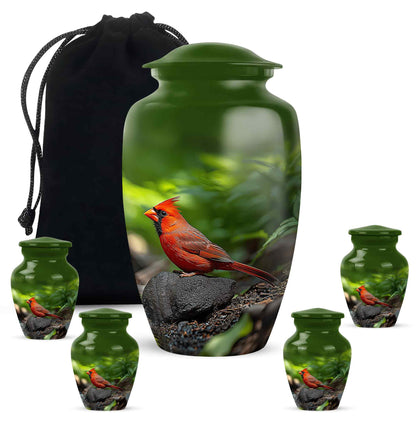 Mint Green Cardinal Cremation Urn top-down view of secure threaded lid - traditional cardinal engraving with hand-polished finish - memorial set with one large and four small urns