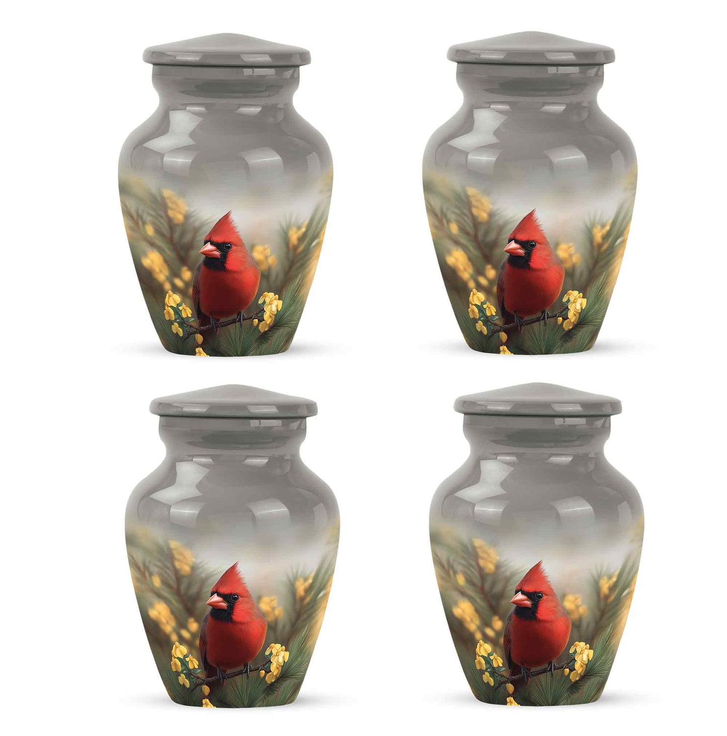 Mist Gray Cardinal Cremation Urn side profile showing urn shape - timeless cardinal motif etched into premium metal - 10 inch aluminum urn for cremated remains
