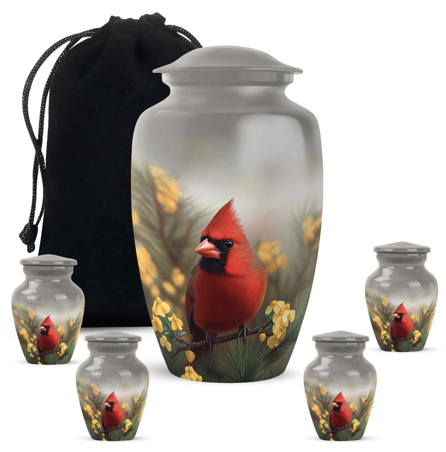 Steel Gray Cardinal Cremation Urn top-down view of secure threaded lid - elegant classic cardinal relief with fine detailing - memorial set with one large and four small urns