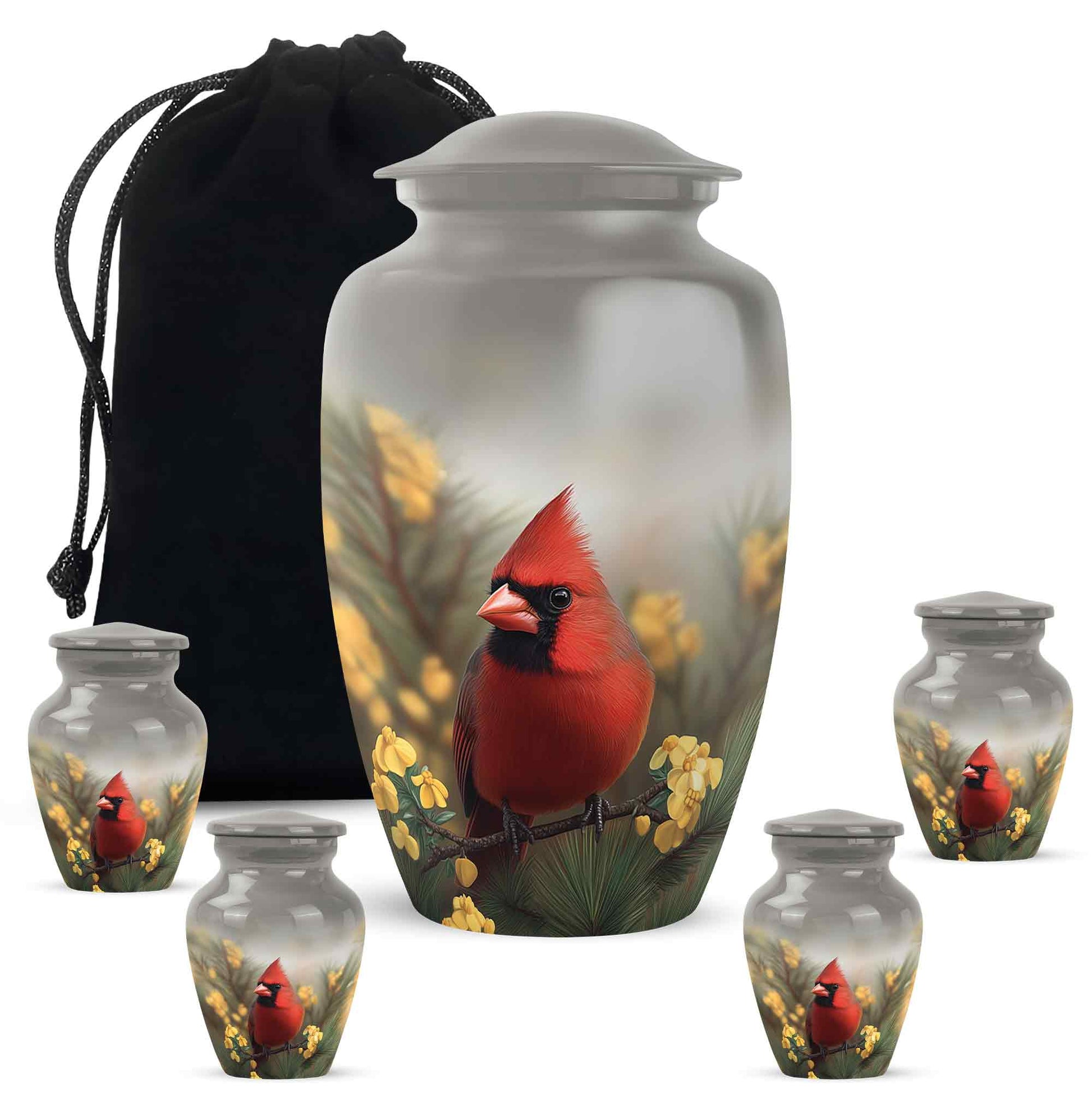Steel Gray Cardinal Cremation Urn top-down view of secure threaded lid - elegant classic cardinal relief with fine detailing - memorial set with one large and four small urns