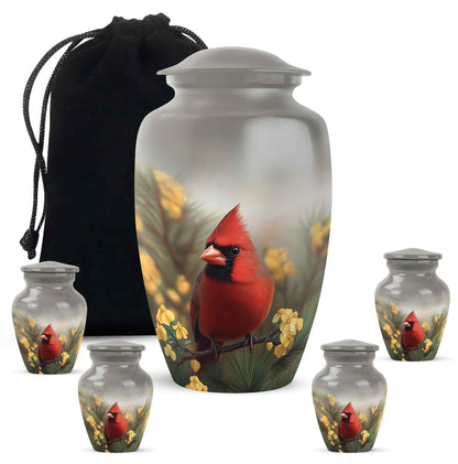 Steel Gray Cardinal Cremation Urn top-down view of secure threaded lid - elegant classic cardinal relief with fine detailing - memorial set with one large and four small urns