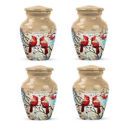 Sunrise Gold Cardinal Cremation Urn side profile showing urn shape - classic sculpted cardinal pattern on smooth aluminum - 10 inch aluminum urn for cremated remains